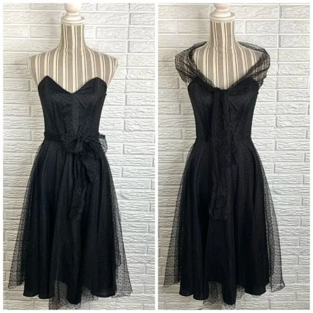 Vintage Uzanel Black Polka Dot Strapless Dress Size Medium - Picture 1 of 10